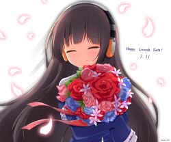 Rule 34 | 1girl, azur lane, blue flower, blue jacket, blue rose, blush, bouquet, brown hair, closed eyes, closed mouth, commentary request, dated, facing viewer, flower, headphones, highres, jacket, kamishiro (rsg10679), long hair, long island (azur lane), long sleeves, nose blush, petals, pink flower, pink rose, purple flower, red flower, red rose, rose, sleeves past fingers, sleeves past wrists, smile, solo, tears, twitter username, upper body, very long hair, white background