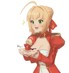 Rule 34 | 1girl, :d, ahoge, artist name, artoria pendragon (fate), blonde hair, blush, breasts, chibi, cleavage, collared dress, commentary, dress, english commentary, fate (series), fikkyun, green eyes, hair ribbon, long sleeves, medium hair, nero claudius (fate), nero claudius (fate) (all), open mouth, puffy long sleeves, puffy sleeves, red dress, red ribbon, ribbon, simple background, small breasts, smile, solo, white background