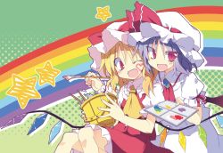 Rule 34 | 2girls, :d, ;d, art brush, blonde hair, blue hair, bucket, drawing on another&#039;s face, facepaint, fangs, female focus, flandre scarlet, happy, hat, hat ribbon, heart, holding, mob cap, multiple girls, one eye closed, open mouth, paintbrush, palette (object), rainbow, red eyes, remilia scarlet, ribbon, satou kibi, siblings, sisters, smile, star (symbol), touhou, wings, wink