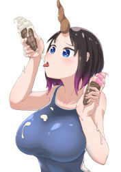 Rule 34 | berotore, black hair, blue eyes, breasts, competition swimsuit, elma (maidragon), food, gradient hair, highres, horns, ice cream, ice cream cone, kobayashi-san chi no maidragon, large breasts, multicolored hair, one-piece swimsuit, purple hair, single horn, swimsuit