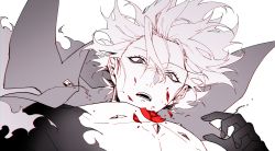 Rule 34 | 1boy, bare shoulders, bishounen, bodysuit, broken, chest jewel, close-up, defeat, earrings, fate/grand order, fate (series), from below, fuka (hk nemo), gloves, greyscale, hair between eyes, heterochromia, high collar, highres, jewelry, karna (fate), looking at viewer, looking down, male focus, monochrome, pale skin, pectorals, simple background, skin tight, solo, surprised, upper body, white background, white hair