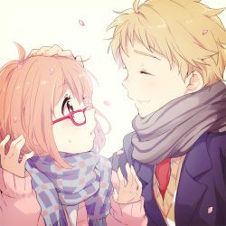 Rule 34 | 10s, 1boy, 1girl, ahoge, argyle, arms up, blazer, blonde hair, blush, brown eyes, cardigan, cherry blossoms, eyebrows, eyelashes, closed eyes, fingernails, glasses, hand on another&#039;s head, happy, height difference, jacket, kanbara akihito, kuriyama mirai, kyoukai no kanata, light brown hair, long sleeves, looking at another, necktie, om5han, open mouth, petals, headpat, profile, red-framed eyewear, scarf, school uniform, short hair, simple background, smile, sweat, tareme, upper body, white background