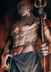 Rule 34 | 1boy, abs, arm tattoo, black nails, chest tattoo, collarbone, ear piercing, extra arms, extra eyes, extra mouth, facial tattoo, highres, holding, holding polearm, holding weapon, jujutsu kaisen, looking at viewer, male focus, muscular, muscular male, nail polish, navel, nipples, pectorals, piercing, polearm, red hair, ryoumen sukuna (jujutsu kaisen), ryoumen sukuna (true form) (jujutsu kaisen), serious, short hair, shoulder tattoo, skirt, solo, spear, stomach, tattoo, tongue, tongue out, topless male, weapon, woshihedawei