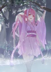 Rule 34 | 1girl, absurdres, antenna hair, arm behind head, arms up, branch, breasts, bug, butterfly, closed eyes, commentary request, fangs, feet out of frame, forest, highres, holding, holding branch, huge filesize, insect, japanese clothes, kimono, kouhaku nawa, light purple hair, long hair, looking at viewer, multicolored hair, nature, obi, open mouth, original, outdoors, pink hair, pink kimono, pink sash, pointy ears, red eyes, rope, sash, shimenawa, solo, standing, streaked hair, tree, tsuki mitsu, very long hair, wading, water, wide sleeves