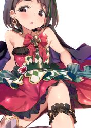 Rule 34 | 1girl, bare shoulders, brooch, brown eyes, brown hair, cape, checkered clothes, checkered dress, commentary request, costume, diamond (shape), djheycha, dress, earrings, frilled skirt, frills, hair ribbon, highres, idolmaster, idolmaster cinderella girls, jewelry, looking at viewer, open mouth, red dress, ribbon, sasaki chie, skirt, solo, strapless, strapless dress, thigh strap, thighs, white background