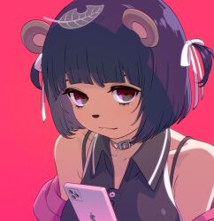 Rule 34 | 1girl, :3, alternate costume, animal ears, animal nose, bags under eyes, bare shoulders, belt collar, black eyes, black hair, black shirt, bob cut, bra strap, brand name imitation, breasts, cellphone, closed mouth, collar, collared shirt, expressionless, hair ribbon, highres, iphone, jacket, jacket partially removed, large breasts, leaf, leaf on head, looking at viewer, magari (c0rn3r), mode aim, phone, pink background, pink jacket, ponpoko (vtuber), raccoon ears, raccoon girl, ribbon, sanpaku, shirt, short hair, simple background, sleeveless, sleeveless shirt, smartphone, solo, two side up, upper body, virtual youtuber, white ribbon