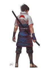 Rule 34 | 1boy, artist name, black hair, bokken, from behind, full body, image sample, in-hyuk lee, japanese clothes, male focus, naruto (series), naruto shippuuden, realistic, red eyes, sandals, signature, simple background, solo, spiked hair, standing, sword, uchiha sasuke, weapon, white background, wooden sword