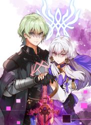 Rule 34 | 1boy, 1girl, absurdres, byleth (fire emblem), byleth (male) (fire emblem), cloak, couple, dress, emblem, fire emblem, fire emblem: three houses, glowing, glowing weapon, green eyes, green hair, hand on another&#039;s hand, heroes relic (fire emblem), highres, holding, huge filesize, husband and wife, jewelry, long hair, looking at viewer, lysithea von ordelia, magic, nintendo, ornate ring, oroshipon zu, red eyes, ring, serious, shaded face, silver hair, sword, sword of the creator, veil, weapon, wedding band