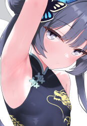 1girl absurdres armpits arms_up black_dress blue_archive braid braided_bun butterfly_hair_ornament china_dress chinese_clothes double_bun dragon_print dress grey_eyes grey_halo hair_bun hair_ornament halo highres kisaki_(blue_archive) looking_at_viewer print_dress saho_4545 sleeveless sleeveless_dress solo upper_body white_background