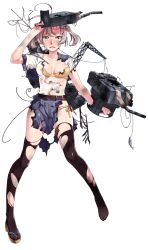 Rule 34 | 1girl, :&lt;, ahoge, arm up, belt, blush, bra, breasts, broken wires, brown thighhighs, burnt clothes, cleavage, crane (machine), damaged, fish, from side, fujikawa, full body, green eyes, grey hair, hair tie, highres, kantai collection, kinugasa (kancolle), looking at viewer, navel, official art, panties, rigging, sandals, shoes, single shoe, skirt, smudge, solo, tearing up, thighhighs, thighs, torn clothes, torn skirt, torn thighhighs, transparent background, turret, twintails, underwear, x x, yellow bra, yellow panties