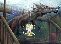 Rule 34 | 1girl, absurdres, animal ears, blonde hair, child, commentary request, diving, doitsuken, dragon, dress, flood, fox ears, fox tail, goggles, highres, landscape, multiple tails, original, overpass, road, scenery, stairs, submerged, tail, two tails, underwater, white dress, yellow eyes