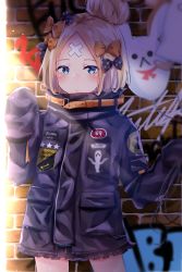 Rule 34 | 1girl, abigail williams (fate), abigail williams (traveling outfit) (fate), balloon, black bow, black jacket, blonde hair, blue eyes, blush, bow, brick wall, closed mouth, commentary request, crossed bandaids, fate/grand order, fate (series), fou (fate), graffiti, hair bow, hair bun, hands up, heroic spirit traveling outfit, highres, holding, holding balloon, jacket, long hair, long sleeves, looking at viewer, medjed (fate), official alternate costume, orange bow, parted bangs, polka dot, polka dot bow, single hair bun, sleeves past fingers, sleeves past wrists, solo, standing, star (symbol), yuteke key