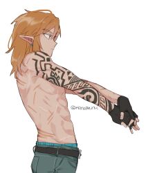 Rule 34 | 1boy, arm tattoo, belt, blonde hair, cowboy shot, earrings, fingerless gloves, gloves, hanaberin, highres, jewelry, link, long hair, male focus, nintendo, own hands together, pants, pointy ears, solo, tattoo, the legend of zelda, the legend of zelda: breath of the wild, the legend of zelda: tears of the kingdom, topless male