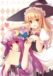 Rule 34 | 2girls, argyle, argyle background, argyle clothes, arm on own head, blonde hair, book, crescent, female focus, hat, head rest, heart, highres, holding hands, kirisame marisa, multiple girls, open book, open mouth, patchouli knowledge, purple hair, sheska xue, smile, touhou, witch hat