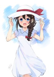 Rule 34 | 1girl, ahoge, alternate costume, black hair, blue eyes, braid, commentary request, dress, hair flaps, hair over shoulder, hat, holding, holding clothes, holding hat, ittokyu, kantai collection, looking at viewer, one-hour drawing challenge, open mouth, shigure (kancolle), shigure kai ni (kancolle), single braid, smile, solo, sun hat, white background, white dress, white hat