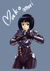 Rule 34 | 1girl, absurdres, animification, armor, black hair, blue eyes, blue hair, bob cut, body armor, bodysuit, character name, cowboy shot, cropped legs, drivesuit, erica (naze1940), highres, legendary pictures, mako mori, multicolored hair, pacific rim, pan pacific defense corps, pilot suit, short hair, simple background, streaked hair