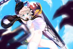 Rule 34 | 1boy, androgynous, blue eyes, closers, dexp, jumping, looking at viewer, mistilteinn (closers), open mouth, pov, short hair, shorts, skirt, smile, sword, vest lift, weapon