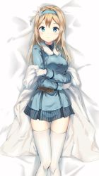 Rule 34 | 1girl, bed sheet, belt, blonde hair, blue eyes, blue skirt, blush, breasts, closed mouth, coat, dakimakura (medium), girls&#039; frontline, gloves, hair ornament, hairband, highres, long hair, looking at viewer, lying, medium breasts, military, military uniform, nather, official style, on back, sidelocks, skirt, snowflake hair ornament, solo, striped clothes, striped skirt, suomi (girls&#039; frontline), thighhighs, thighs, uniform, white gloves, white thighhighs, zettai ryouiki