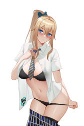 Rule 34 | 1girl, alternate costume, artist logo, black bra, black panties, blonde hair, blue eyes, blue necktie, blue skirt, blush, bra, breasts, closed mouth, genshin impact, hair between eyes, highres, jean (genshin impact), long hair, medium breasts, navel, necktie, open clothes, open shirt, panties, panty pull, plaid, plaid skirt, ponytail, pulling own clothes, school uniform, shirt, sidelocks, simple background, skirt, solo, stomach, striped necktie, thighs, unbuttoned, unbuttoned shirt, underwear, w.q.y, white background, white shirt