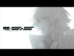 Rule 34 | 1boy, copyright name, dramatical murder, greyscale, headphones, headphones around neck, highres, honya lala, letterboxed, long hair, male focus, monochrome, nitro+ chiral, parted lips, seragaki aoba, simple background, solo, white background