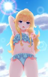 Rule 34 | 10s, 1girl, ahoge, alternate hairstyle, arm at side, arm behind head, armpits, bikini, blonde hair, blue bikini, blue eyes, blue sky, blush, cloud, collarbone, cowboy shot, day, female focus, frilled bikini, frilled swimsuit, frills, from below, gabriel dropout, gabriel tenma white, head tilt, hexagon, high ponytail, highres, long hair, looking at viewer, looking down, navel, open mouth, outdoors, paranoia (blue-dragon-world), sky, solo, standing, sun, sunlight, sweat, swimsuit, very long hair