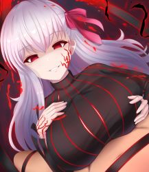 Rule 34 | 1girl, breasts, clothed female nude male, dark sakura, erection, erection under clothes, fate (series), highres, large breasts, long hair, matou sakura, nude, open mouth, paizuri, paizuri under clothes, red eyes, renetan, shaded face, smile