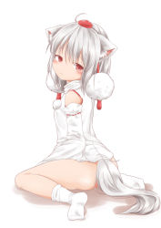 Rule 34 | animal ears, blush, closed mouth, commentary request, hat, highres, inubashiri momiji, nyanuki, pom pom (clothes), red eyes, short hair, socks, solo, tail, tokin hat, touhou, white background, white socks, wolf ears, wolf tail