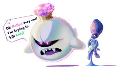 Rule 34 | 1boy, 1girl, beehive hairdo, blue hair, boo (mario), bracelet, cleavage cutout, clothing cutout, colored skin, crown, dress, earrings, eyeshadow, fangs, feather boa, ghost, hellen gravely, highres, jewelry, king boo, lipstick, luigi&#039;s mansion, luigi&#039;s mansion 3, makeup, mario (series), nintendo, purple eyes, purple skin, red lips, speech bubble, super mario bros. 1, tongue, tongue out, yellow eyes