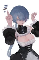 Rule 34 | 1girl, absurdres, alternate costume, black dress, blue eyes, breasts, brid (nikke), cleavage, dress, enmaided, goddess of victory: nikke, grey hair, hair over one eye, highres, large breasts, long hair, low-tied long hair, maid, roswaal mansion maid uniform, schiell, solo