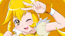 Rule 34 | 1girl, bad id, bad twitter id, blonde hair, collarbone, cure peace, fuchi (nightmare), high ponytail, highres, kise yayoi, long hair, looking at viewer, magical girl, one eye closed, open mouth, precure, puffy short sleeves, puffy sleeves, short sleeves, smile, smile precure!, solo, v, very long hair, yellow eyes