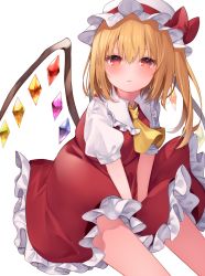 Rule 34 | 1girl, ascot, between legs, blonde hair, blush, bow, closed mouth, crystal, feet out of frame, flandre scarlet, flat chest, frilled shirt collar, frills, from above, furrowed brow, hair between eyes, hand between legs, hat, hat bow, highres, komomo (ptkrx), light frown, looking at viewer, medium hair, mob cap, one side up, petticoat, puffy short sleeves, puffy sleeves, red bow, red eyes, red skirt, red vest, short sleeves, simple background, sitting, skirt, solo, touhou, v arms, vest, white background, white hat, wings, yellow ascot