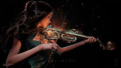 Rule 34 | 1girl, artist name, black background, black hair, bow (music), breasts, china dress, chinese clothes, closed eyes, dress, highres, holding, holding instrument, holding violin, instrument, long hair, original, small breasts, solo, violin, watermark, web address, wlop