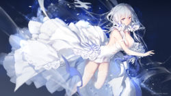 Rule 34 | 1girl, absurdres, aircraft, airplane, artist name, azur lane, bare shoulders, blue eyes, breasts, cleavage, dress, floating hair, garter straps, gloves, highres, illustrious (azur lane), illustrious (morning star of love and hope) (azur lane), large breasts, long dress, long hair, looking at viewer, messy hair, smile, solo, swd3e2, thighhighs, thighs, wedding dress, white gloves, white hair, white thighhighs