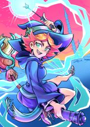 Rule 34 | 10s, 1girl, amanda o&#039;neill, boots, breasts, broom, broom riding, building, female focus, green eyes, hat, holding, hood, jacket, little witch academia, long sleeves, looking at viewer, magic, miniskirt, open mouth, orange hair, shoes, short hair, skirt, smile, solo, teeth, wand, wide sleeves, witch, witch hat