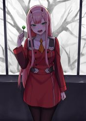Rule 34 | 10s, 1girl, bare tree, black pantyhose, blush, candy, darling in the franxx, dress, fangs, food, green eyes, head tilt, highres, holding, holding candy, holding food, holding lollipop, horns, indoors, lollipop, long hair, long sleeves, looking at viewer, necktie, open mouth, orange necktie, pantyhose, pink hair, red dress, shooene, short necktie, sidelocks, snow, snowing, solo, tree, very long hair, zero two (darling in the franxx)