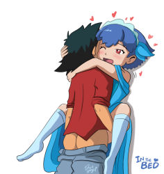 Rule 34 | 10s, 1boy, 1girl, ;d, arm around neck, artist name, ash ketchum, ass, black hair, blue dress, blue hair, blush, carrying, clothed sex, couple, creatures (company), dark gargo, dress, english text, game freak, happy, happy sex, heart, hetero, hug, male ass, miette (pokemon), moaning, nintendo, one eye closed, open mouth, pokemon, pokemon (anime), pokemon xy (anime), red eyes, sex, short hair, smile, spread legs, text focus, wince