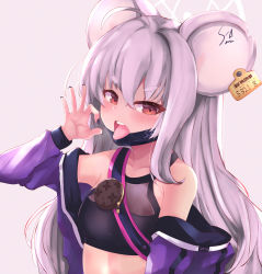 Rule 34 | 1girl, absurdres, ahoge, animal ears, blue archive, collarbone, fellatio gesture, halo, highres, jacket, kurokimono001, long hair, looking at viewer, mouse ears, open mouth, portrait, red eyes, saya (blue archive), silver hair, simple background, solo, teeth, tongue, tongue out, white background