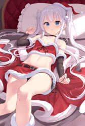 Rule 34 | 1girl, absurdres, bandeau, bare shoulders, belt, black panties, blue eyes, boots, breasts, breasts apart, choker, christmas, detached sleeves, dress, feet out of frame, fur-trimmed headwear, fur trim, hat, head on pillow, highres, indoors, long hair, looking at viewer, lying, medium breasts, midriff, navel, on back, on bed, original, panties, parted lips, pillow, pom pom (clothes), red hat, red skirt, santa boots, santa costume, santa hat, side-tie panties, skirt, solo, twintails, underwear, very long hair, white hair, xue lu