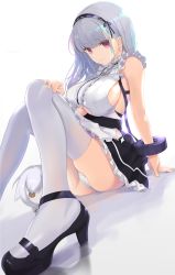 Rule 34 | 1girl, anchor choker, apron, ass, azur lane, bare shoulders, black footwear, breasts, character doll, closed mouth, clothing cutout, commentary request, dido (azur lane), earrings, eyelashes, hairband, hand on own knee, high heels, highres, jewelry, knees up, large breasts, long hair, looking at viewer, nanam (nanam sk), panties, pink eyes, pumps, sideboob, silver hair, sitting, sleeveless, solo, thighhighs, thighs, underboob, underboob cutout, underwear, waist apron, white apron, white panties, white thighhighs