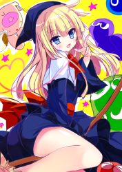 Rule 34 | :d, blonde hair, blue dress, blue eyes, blue hat, blush, broom, broom riding, commentary request, dress, fang, fingernails, hair between eyes, hat, head tilt, long hair, long sleeves, looking at viewer, looking to the side, madou monogatari, open mouth, puyopuyo, shiwasu horio, sketch, smile, thighs, wide sleeves, witch (puyopuyo), yellow background