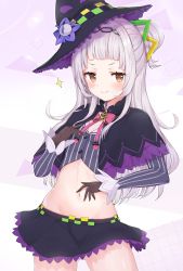 Rule 34 | 1girl, absurdres, black capelet, black hat, black skirt, blunt bangs, blush, bow, brown eyes, brown gloves, capelet, closed mouth, commentary request, crop top, gloves, gluteal fold, grey hair, grey shirt, hair bun, hair ornament, hand on own stomach, hat, highres, hololive, long hair, long sleeves, midriff, murasaki shion, murasaki shion (1st costume), navel, pink bow, pinstripe pattern, pinstripe shirt, pleated skirt, racchi., shirt, side bun, single hair bun, single side bun, skirt, sleeves past wrists, smile, solo, sparkle, star (symbol), striped clothes, striped shirt, tilted headwear, v-shaped eyebrows, vertical-striped clothes, vertical-striped shirt, virtual youtuber, witch hat