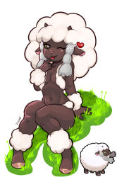 Rule 34 | 1girl, :p, animal, artist name, black skin, braid, braided bangs, breasts, breno ksp (llamaboy), colored skin, commentary, completely nude, creatures (company), dark-skinned female, dark skin, english commentary, furry, furry female, game freak, gen 8 pokemon, grass, hair over breasts, heart, highres, horns, knees together feet apart, looking at viewer, navel, nintendo, nude, one eye closed, personification, pokemon, pokemon (creature), sheep, sheep girl, sidelocks, simple background, small breasts, solo focus, thighs, tongue, tongue out, very dark skin, white background, wooloo, yellow eyes