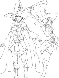 Rule 34 | 10s, 1girl, arm up, belt, boots, breasts, cape, unworn cape, character sheet, choker, cleavage, clothing cutout, cosmic bear, detached sleeves, closed eyes, greyscale, hat, holding up, lineart, little witch academia, looking at viewer, medium breasts, monochrome, navel, navel cutout, pleated skirt, shiny chariot, short hair, skirt, smile, staff, thighhighs, wide sleeves, witch hat