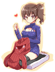 Rule 34 | 10s, 1girl, alternate costume, artist name, bikini, bikini top only, black thighhighs, blush stickers, breasts, brown eyes, brown hair, cleavage cutout, clothing cutout, full body, heart, holding, kaga (kancolle), kantai collection, kaworu (1030), large breasts, long sleeves, meme attire, needle, open-chest sweater, ribbed sweater, seiza, sewing, sewing needle, side ponytail, signature, sitting, sketch, solo, sweater, swimsuit, thighhighs, turtleneck