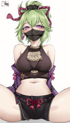 Rule 34 | 1girl, absurdres, bare shoulders, black mask, black shorts, blush, breasts, covered mouth, crop top, detached sleeves, drawstring, dynorz, earrings, fishnets, genshin impact, green hair, hair ornament, highres, jewelry, kuki shinobu, looking at viewer, mask, mouth mask, navel, ninja mask, off shoulder, ponytail, purple eyes, shorts, simple background, sitting, solo, spread legs, tassel, tassel earrings, white background