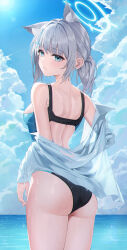 Rule 34 | 1girl, absurdres, animal ears, ass, back, blue archive, blue eyes, blue sky, breasts, cloud, cross, cross hair ornament, day, grey hair, hair ornament, halo, highres, inverted cross, k.j., medium breasts, ocean, one-piece swimsuit, outdoors, parted lips, shiroko (blue archive), shiroko (swimsuit) (blue archive), sky, solo, swimsuit, swimsuit under clothes, water, wet, wolf ears