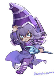 Rule 34 | 1boy, absurdres, arm up, armor, blue eyes, bright pupils, chibi, closed mouth, dark magician, duel monster, eyelashes, full body, hat, highres, holding, holding staff, long hair, looking at viewer, male focus, namikaze (dobbyka), purple armor, purple hair, purple hat, purple robe, robe, simple background, solo, staff, twitter username, white background, white pupils, wizard hat, yu-gi-oh!, yu-gi-oh! duel monsters