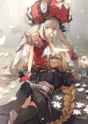 Rule 34 | 2girls, armor, armored dress, blonde hair, braid, capelet, chain, dress, eye contact, closed eyes, fate/apocrypha, fate/grand order, fate (series), faulds, field, flower, flower field, gauntlets, gloves, hair ribbon, headpiece, highres, jeanne d&#039;arc (fate), jeanne d&#039;arc (ruler) (fate), long braid, long hair, looking at another, lying, marie antoinette (fate), multiple girls, no-kan, on back, red dress, red gloves, red headwear, ribbon, short dress, silver hair, single braid, sleeveless, sleeveless dress, twintails, very long hair