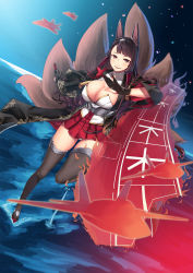 Rule 34 | 1girl, absurdres, aircraft, airplane, akagi (azur lane), animal ears, azur lane, blush, boots, breasts, cleavage, closed mouth, commentary request, gloves, hiememiko, highres, large breasts, long hair, looking at viewer, pleated, pleated skirt, red skirt, skirt, smile, solo, swept bangs, tail, thighhighs, thighs