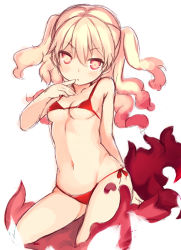 Rule 34 | 1girl, :&lt;, bikini, blonde hair, blush, breasts, closed mouth, finger to mouth, hair between eyes, hand up, index finger raised, kurasuke, long hair, looking at viewer, micro bikini, multicolored eyes, original, red bikini, red eyes, side-tie bikini bottom, simple background, sitting, small breasts, solo, swimsuit, tsurime, twintails, wavy hair, white background, yellow eyes